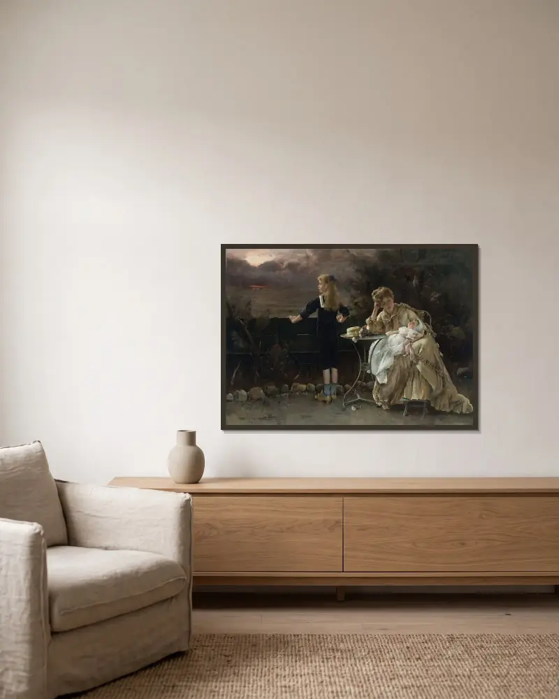 Mor och barn av Alfred Stevens inramad på en vägg