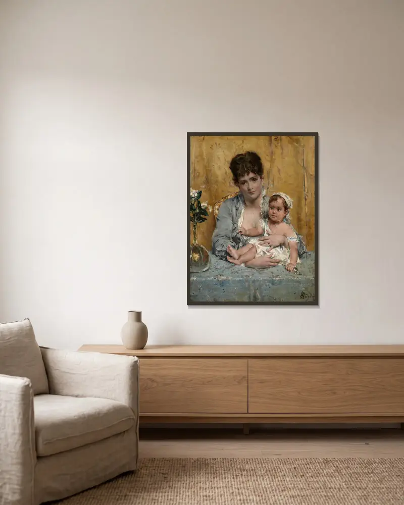 Mutter und Kind von Alfred Stevens gerahmt an einer Wand