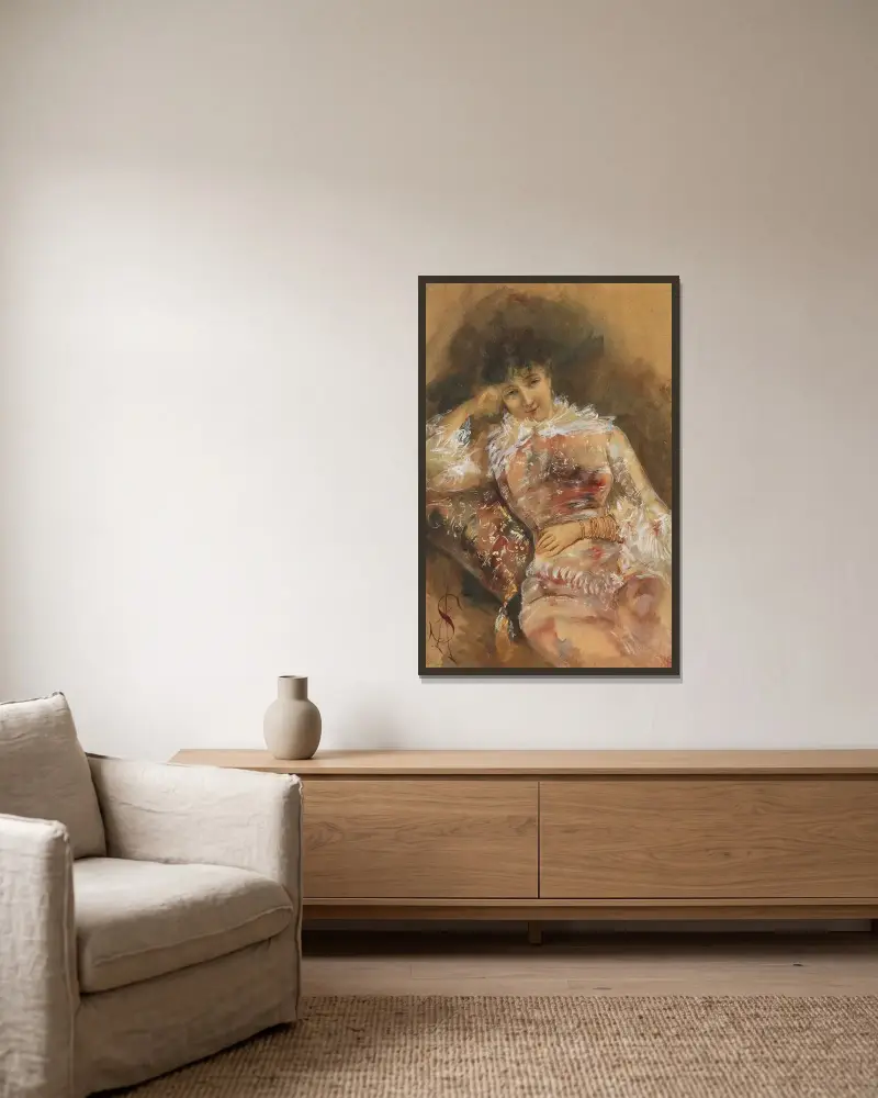 Porträtt av Sarah Bernhardt av Alfred Stevens inramad på en vägg