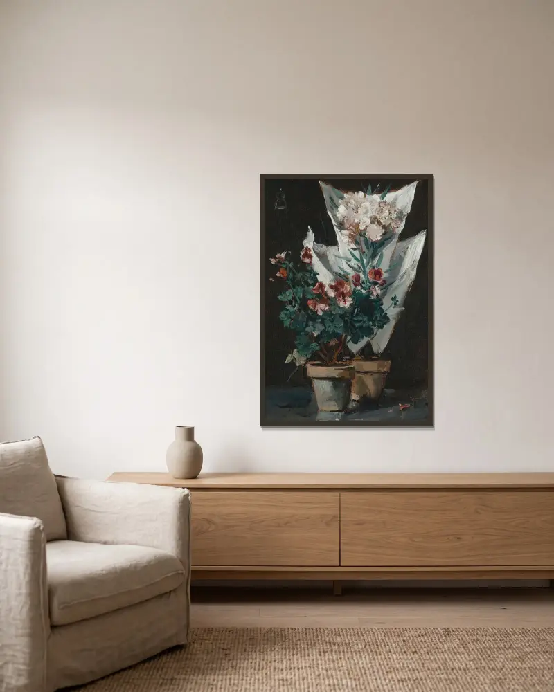 Stilleben med pelargoner i kruka av Alfred Stevens inramad på en vägg