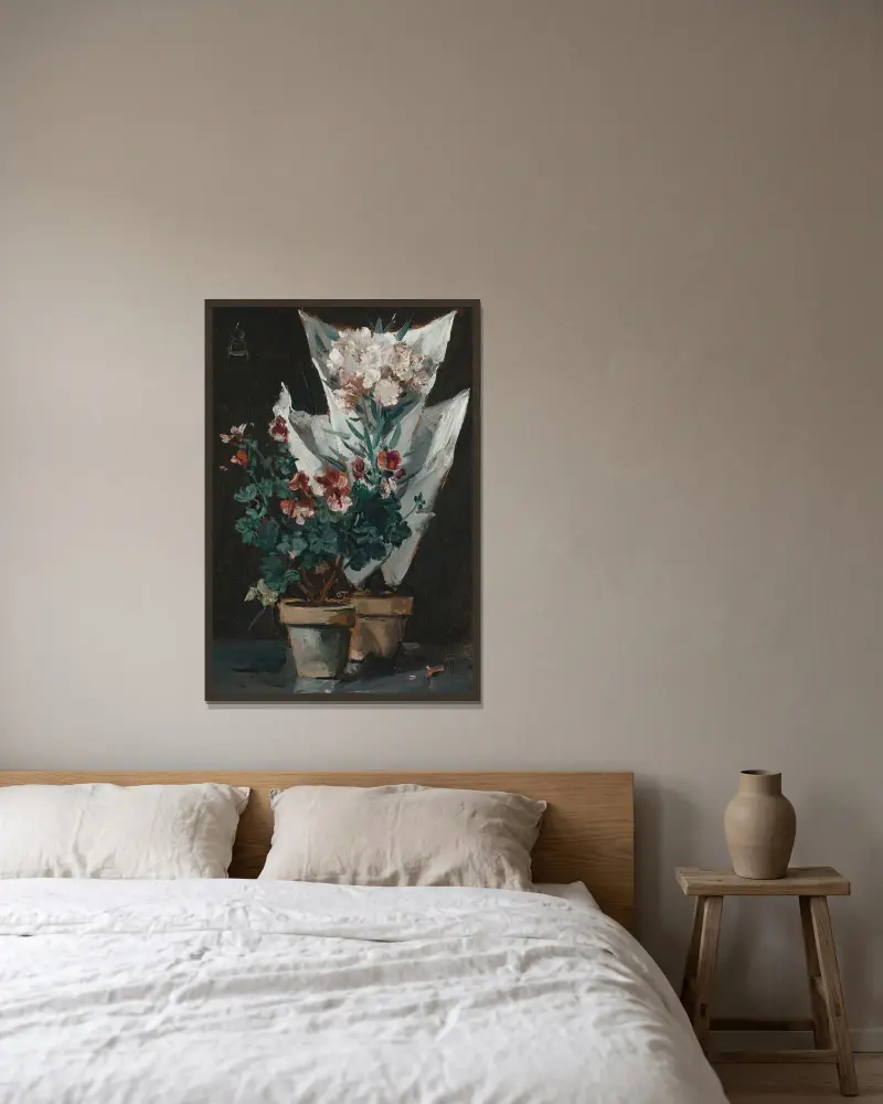 Stilleben med pelargoner i kruka av Alfred Stevens inramad på en vägg