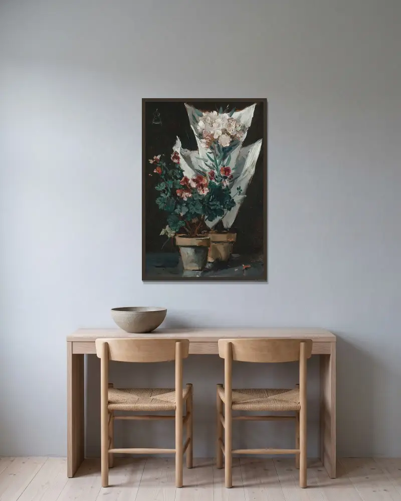 Stilleben med pelargoner i kruka av Alfred Stevens inramad på en vägg