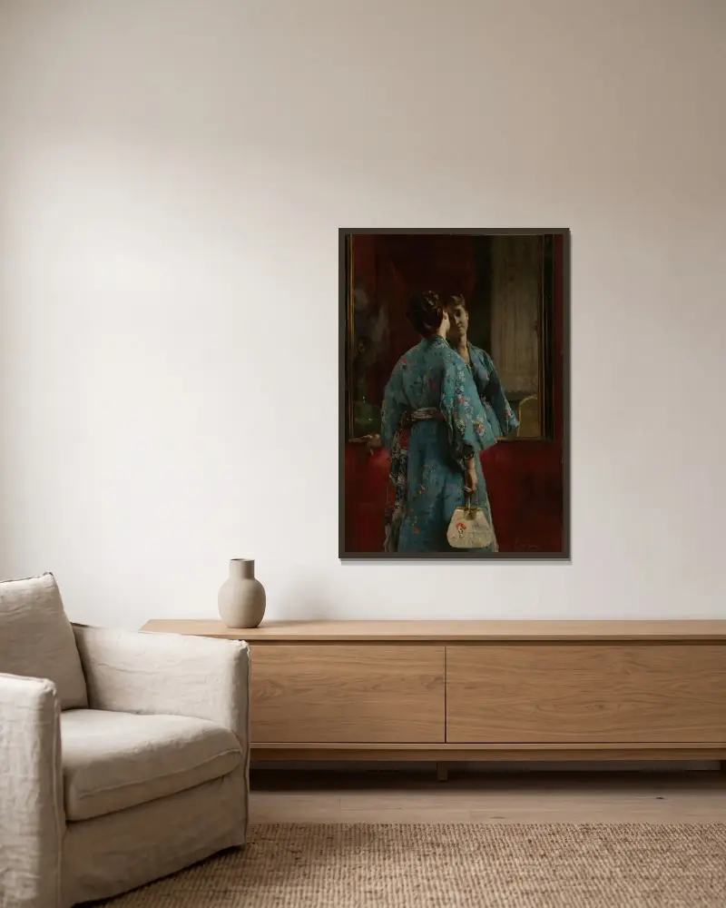Den japanska klänningen av Alfred Stevens inramad på en vägg