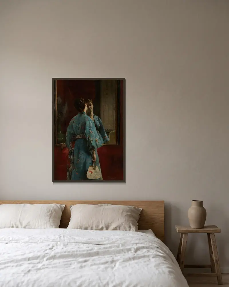 Den japanska klänningen av Alfred Stevens inramad på en vägg