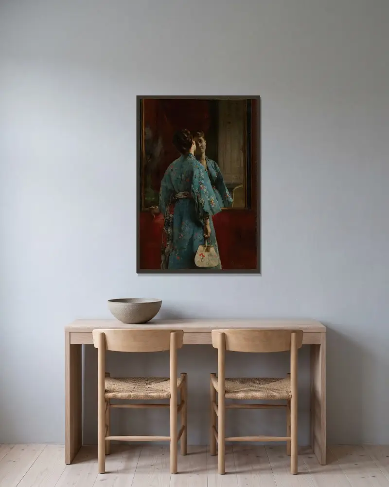 Den japanska klänningen av Alfred Stevens inramad på en vägg