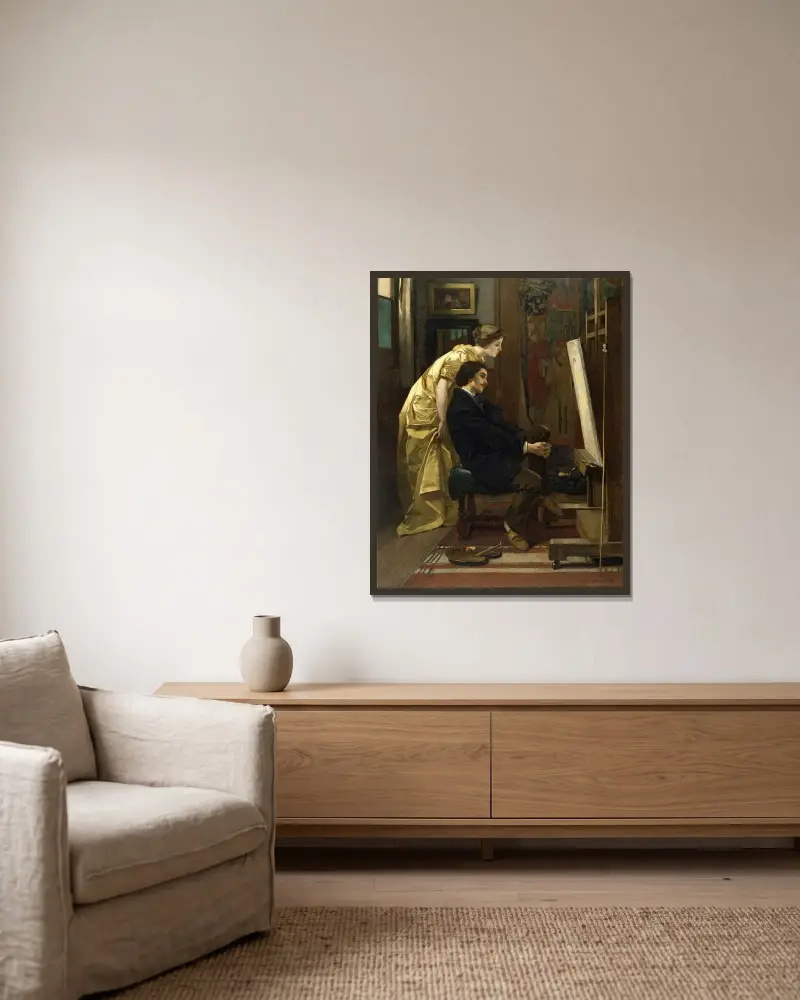 Der Maler und sein Modell von Alfred Stevens gerahmt an einer Wand