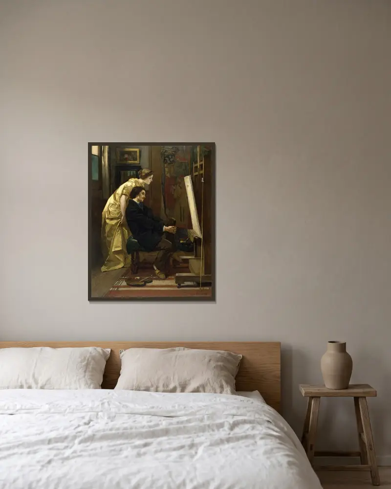 Der Maler und sein Modell von Alfred Stevens gerahmt an einer Wand