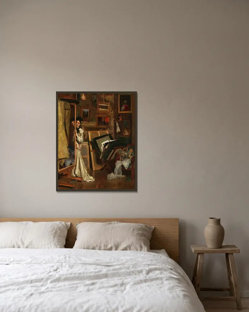 Die Psyche (Mein Atelier) von Alfred Stevens gerahmt an einer Wand