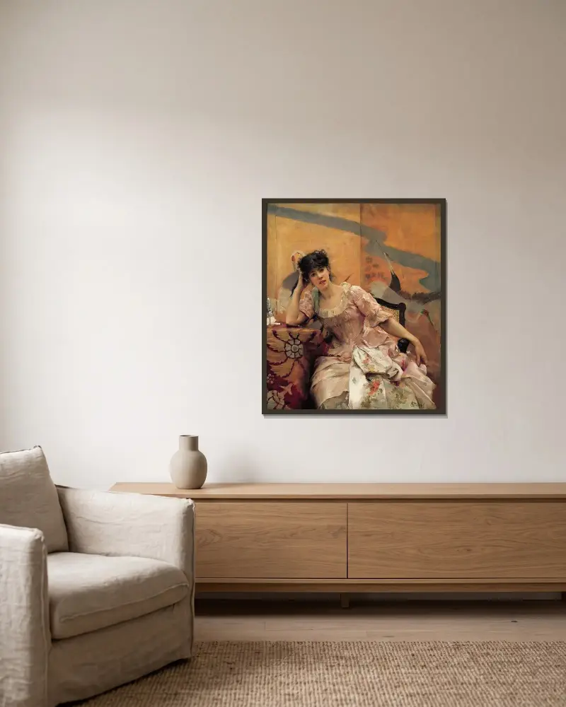 Ung kvinna med japansk skärm av Alfred Stevens inramad på en vägg
