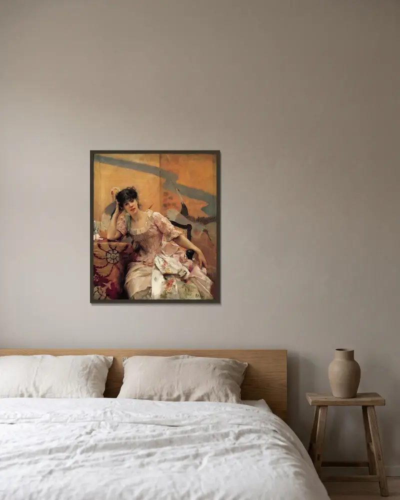 Ung kvinna med japansk skärm av Alfred Stevens inramad på en vägg