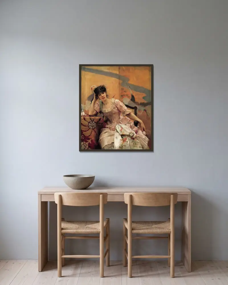 Ung kvinna med japansk skärm av Alfred Stevens inramad på en vägg