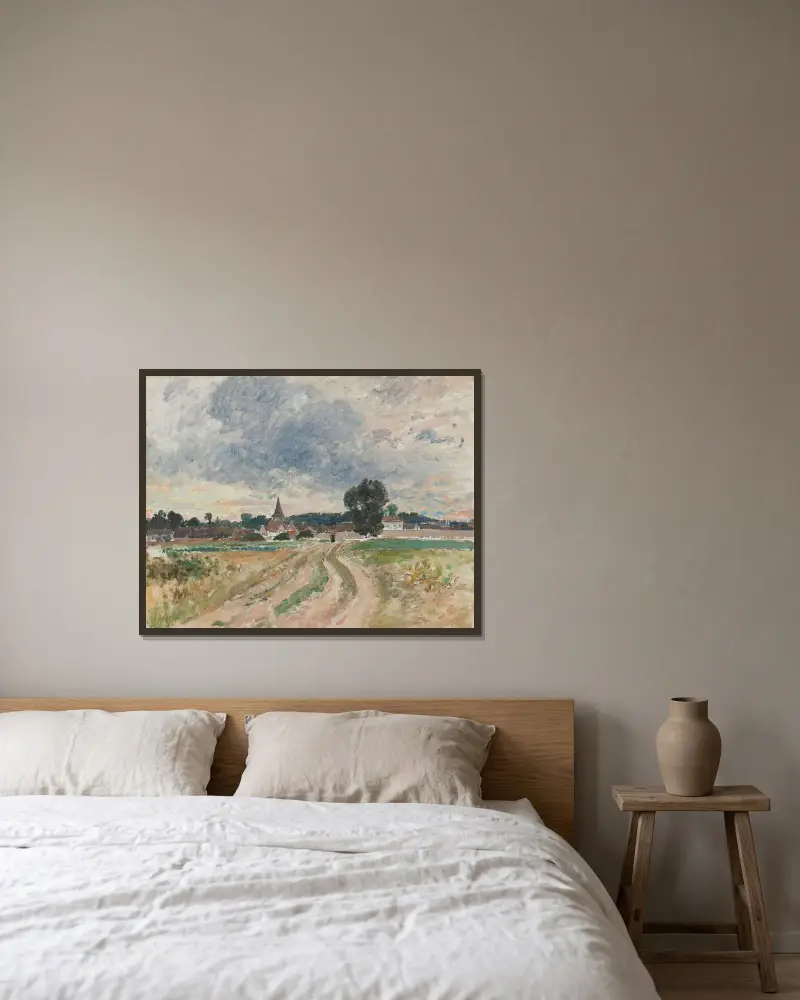 En landskyrka. Studie av Alfred Wahlberg inramad på en vägg