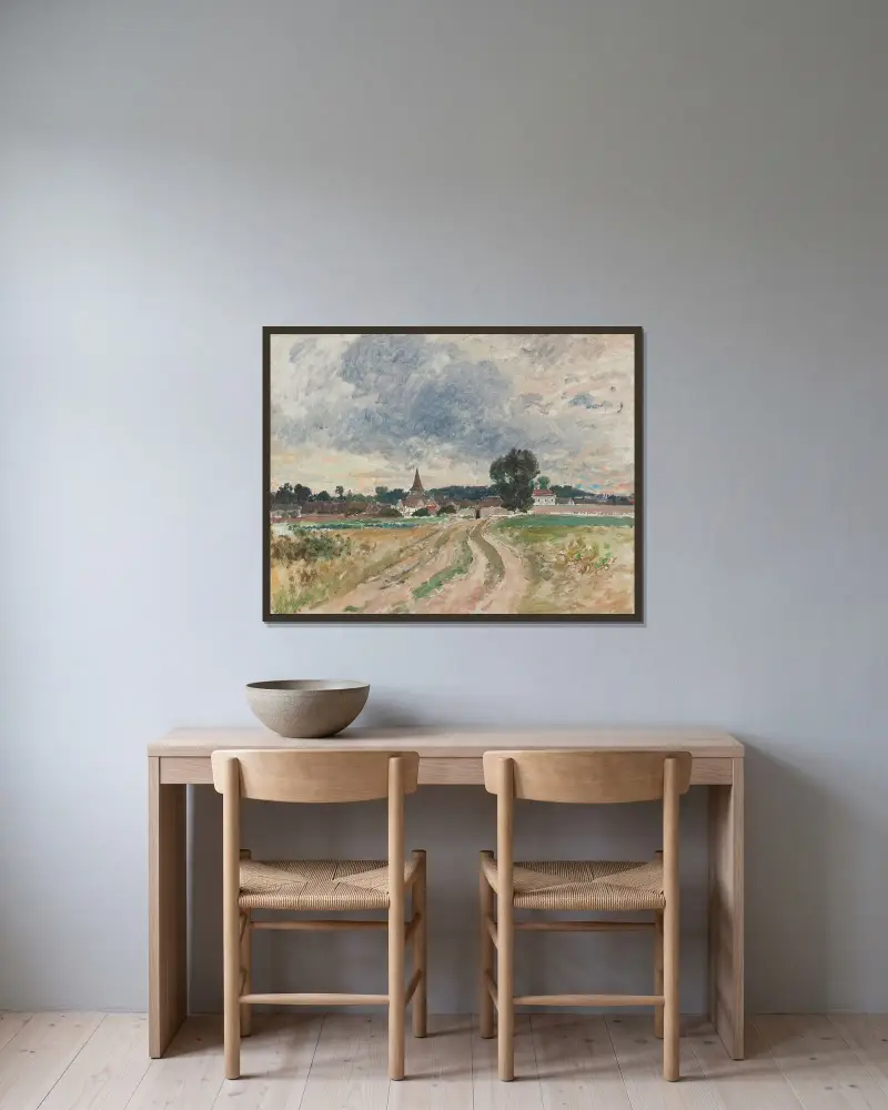 En landskyrka. Studie av Alfred Wahlberg inramad på en vägg
