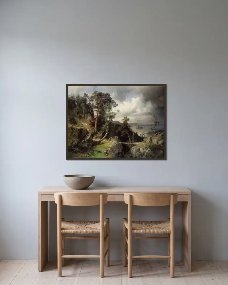 Svenskt landskap. Motiv från Kolmården av Alfred Wahlberg inramad på en vägg