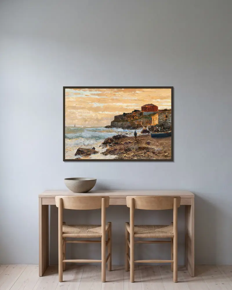 A Fishing Boat on the Beach at Sunset av Alfred Zoff inramad på en vägg