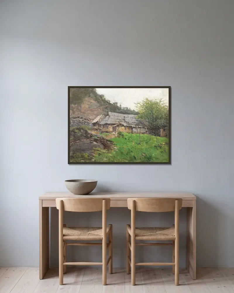 Landskap med en hydda av Alfred Zoff inramad på en vägg