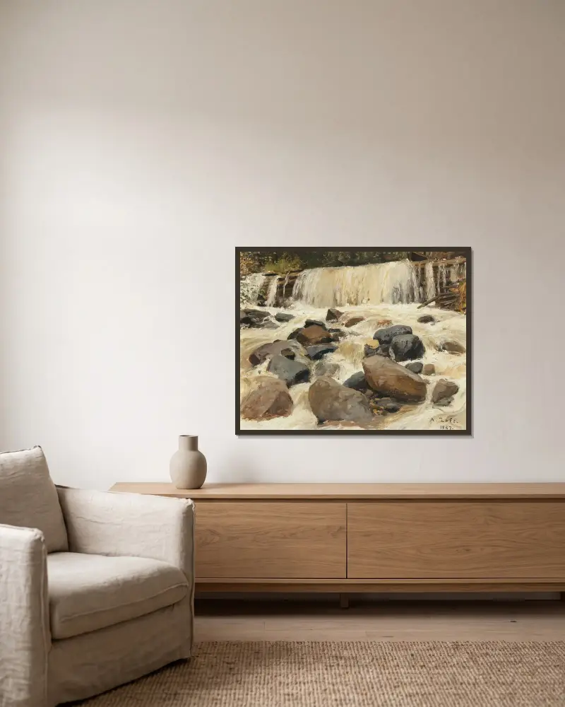 Ein Fluss mit Damm von Alfred Zoff gerahmt an einer Wand