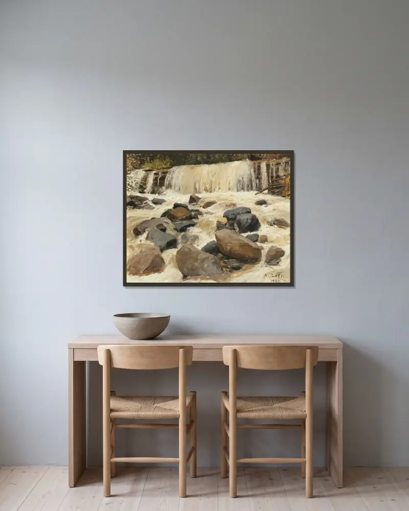 Ein Fluss mit Damm von Alfred Zoff gerahmt an einer Wand
