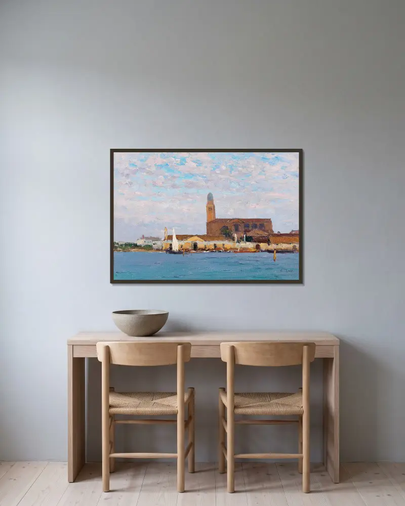 Vy över katedralen i Chioggia av Alfred Zoff inramad på en vägg