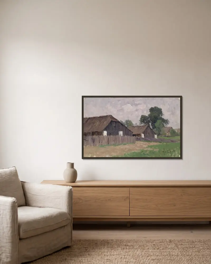 Bauernhäuser bei Klagenfurt von Alfred Zoff gerahmt an einer Wand