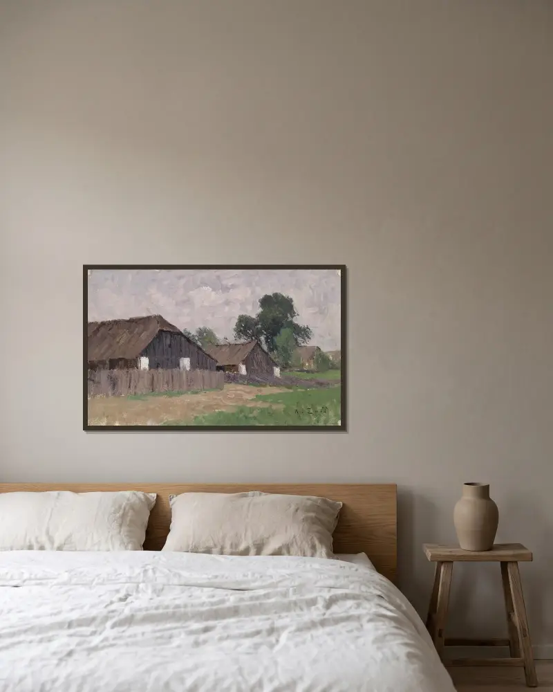 Bauernhäuser bei Klagenfurt von Alfred Zoff gerahmt an einer Wand