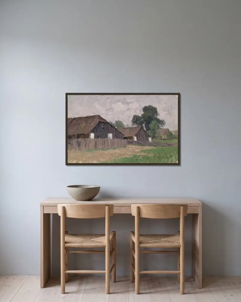 Bauernhäuser bei Klagenfurt von Alfred Zoff gerahmt an einer Wand