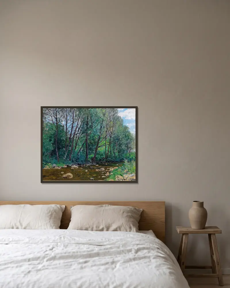 Flusslandschaft av Alfred Zoff inramad på en vägg