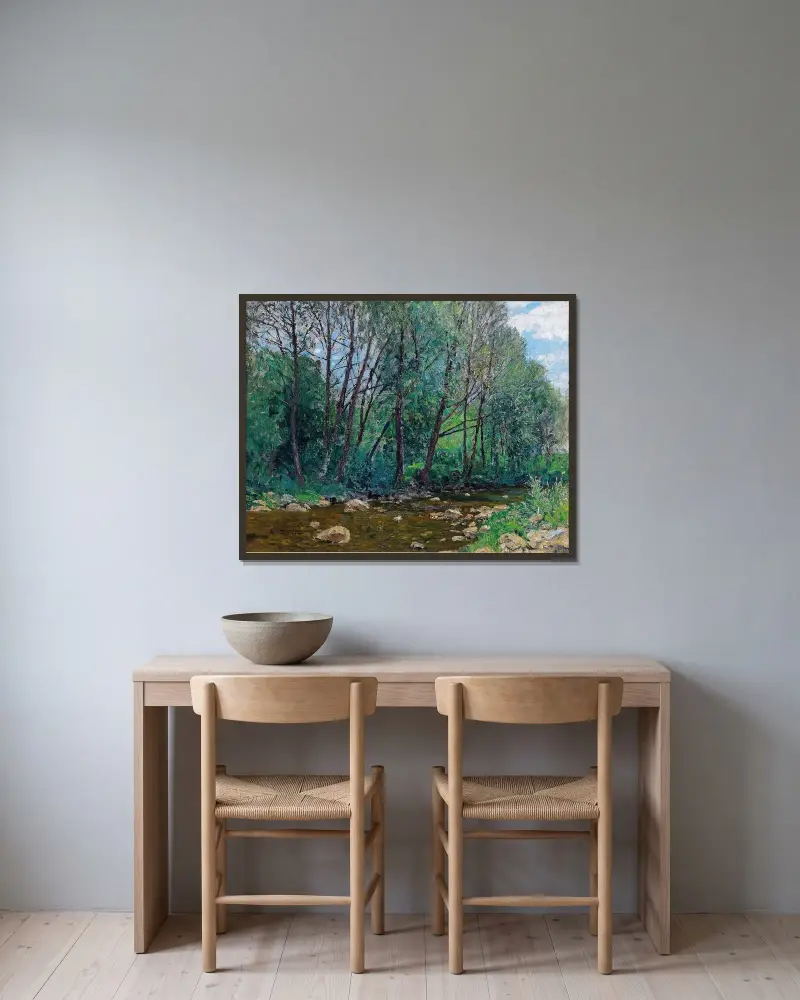Flusslandschaft av Alfred Zoff inramad på en vägg