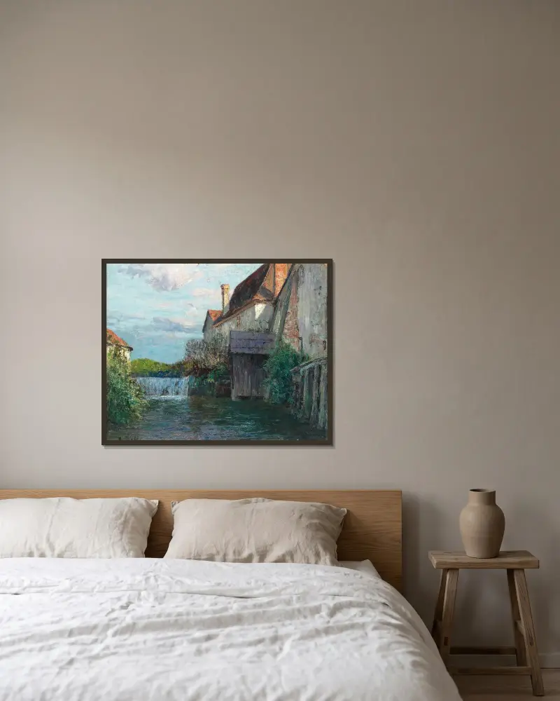 Motiv från ett steiriskt järnverk av Alfred Zoff inramad på en vägg