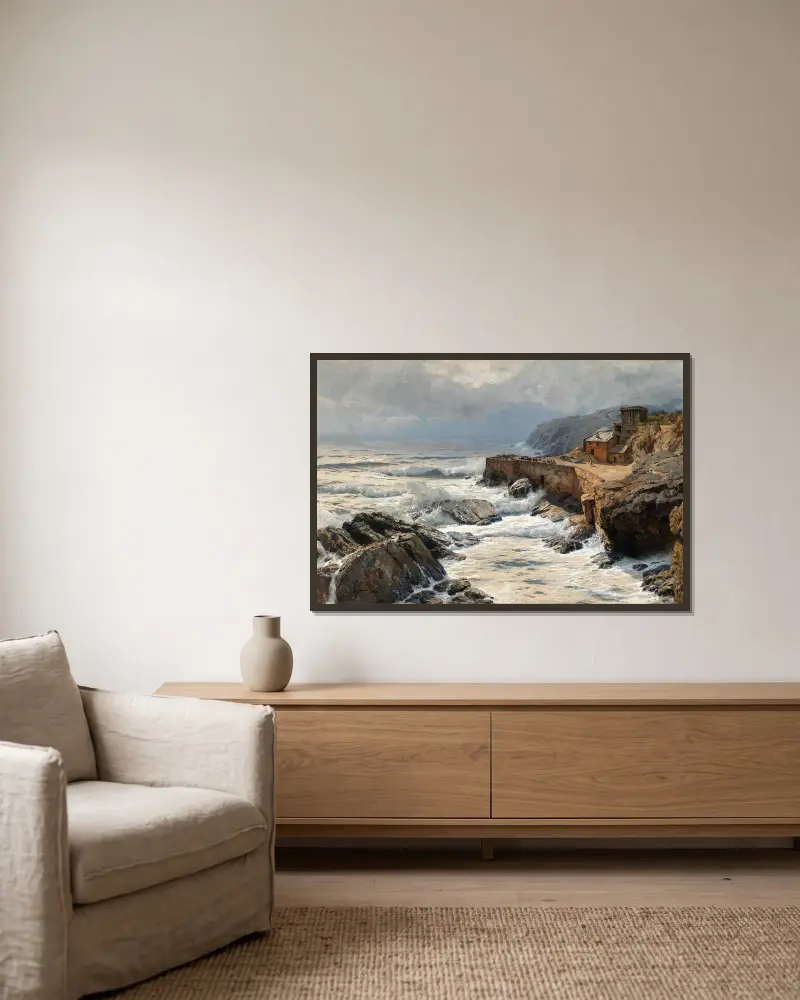 Riviera, Breaking Waves in Boccadasse av Alfred Zoff inramad på en vägg