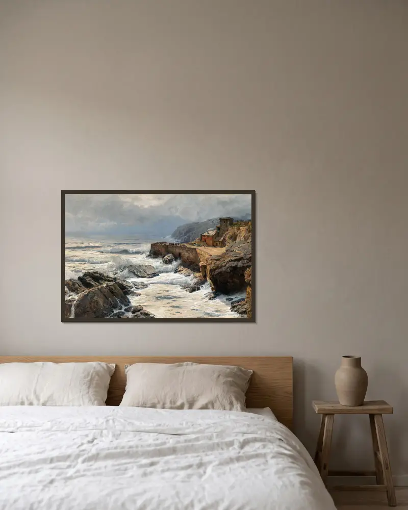 Riviera, Breaking Waves in Boccadasse av Alfred Zoff inramad på en vägg