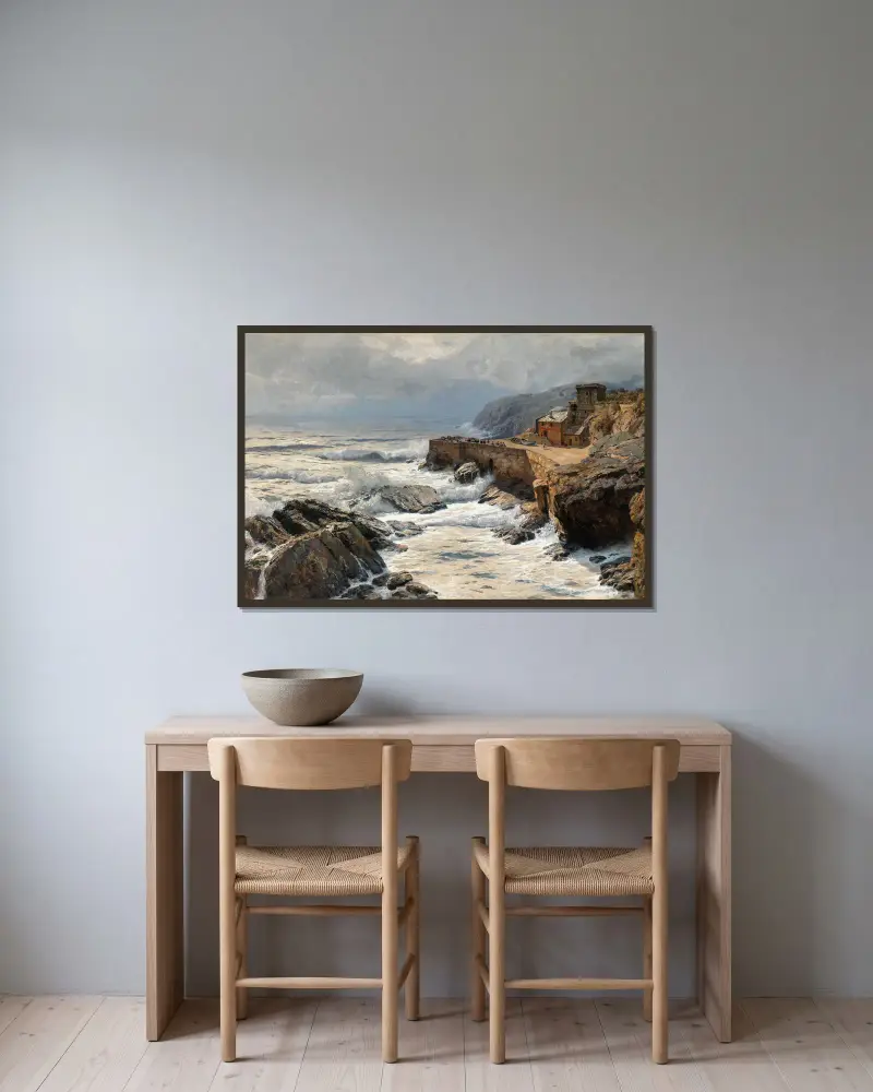 Riviera, Breaking Waves in Boccadasse av Alfred Zoff inramad på en vägg