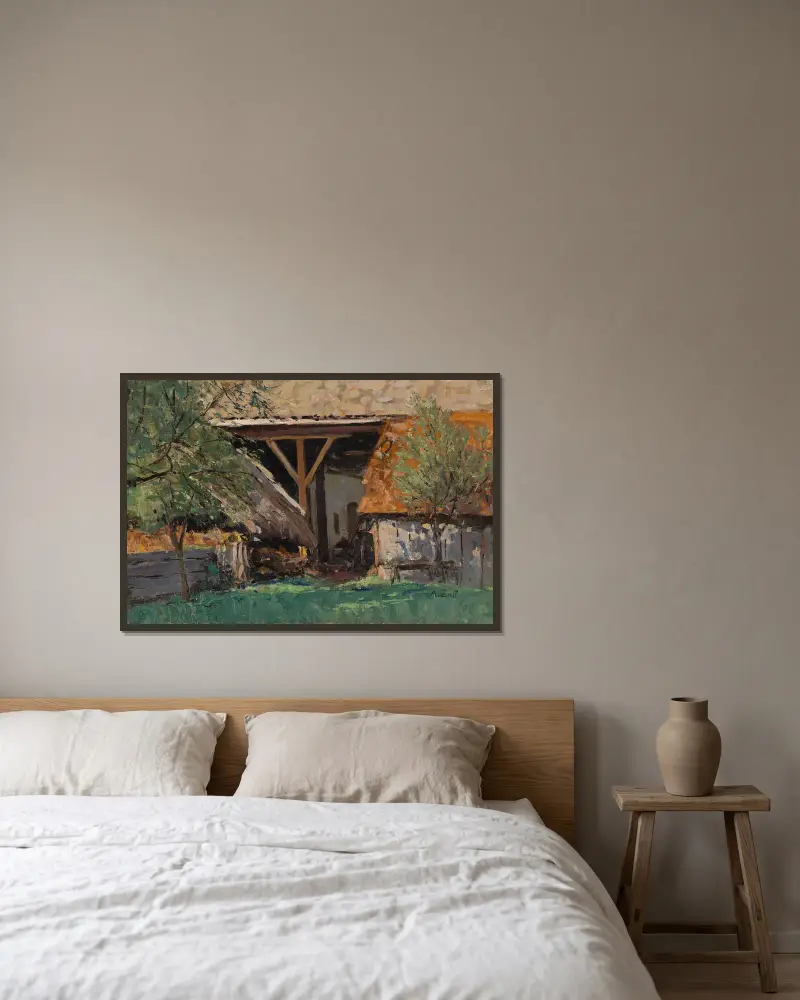 Scheune in Stainz von Alfred Zoff gerahmt an einer Wand