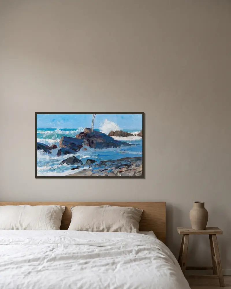 Stormigt hav vid klippig kust av Alfred Zoff inramad på en vägg