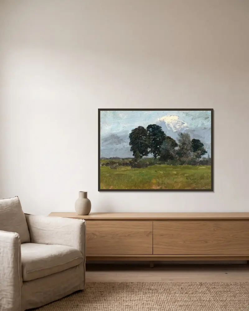 Bäume in einer Landschaft von Alfred Zoff gerahmt an einer Wand