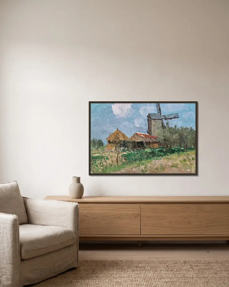 Windmills in Belgium av Alfred Zoff inramad på en vägg