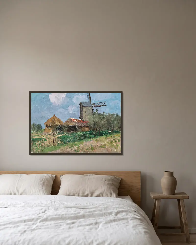 Windmills in Belgium av Alfred Zoff inramad på en vägg