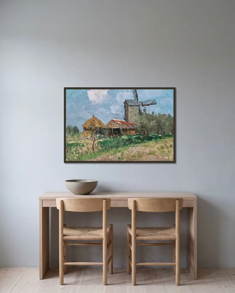 Windmills in Belgium av Alfred Zoff inramad på en vägg