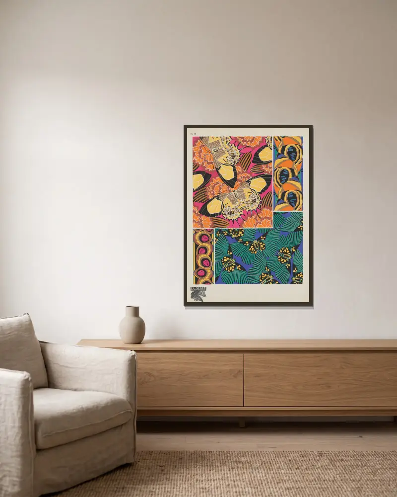 Papillons Pl. 18 von Emile-Allain Séguy gerahmt an einer Wand