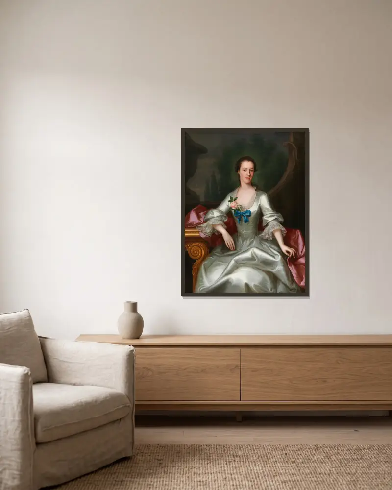 Porträt einer Dame in elegantem Kleid von Allan Ramsay gerahmt an einer Wand