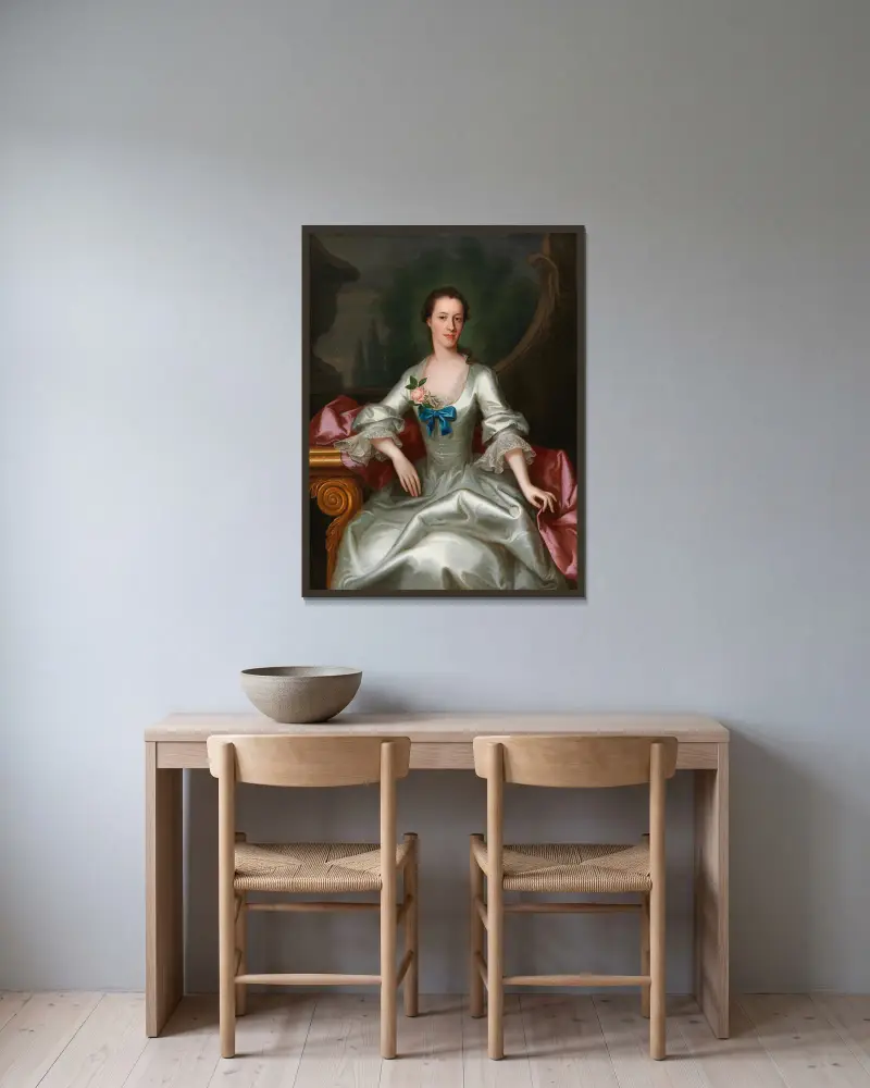 Porträt einer Dame in elegantem Kleid von Allan Ramsay gerahmt an einer Wand