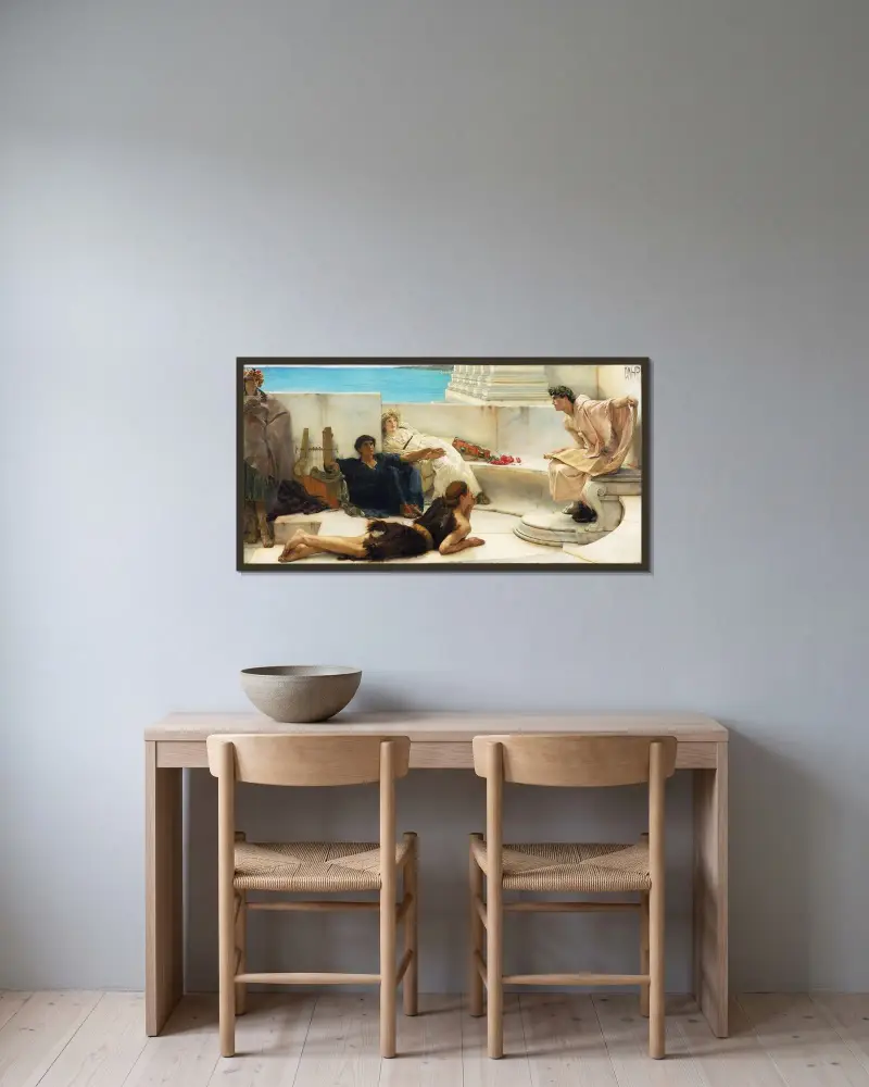 Eine Lesung aus Homer von Lawrence Alma-Tadema gerahmt an einer Wand