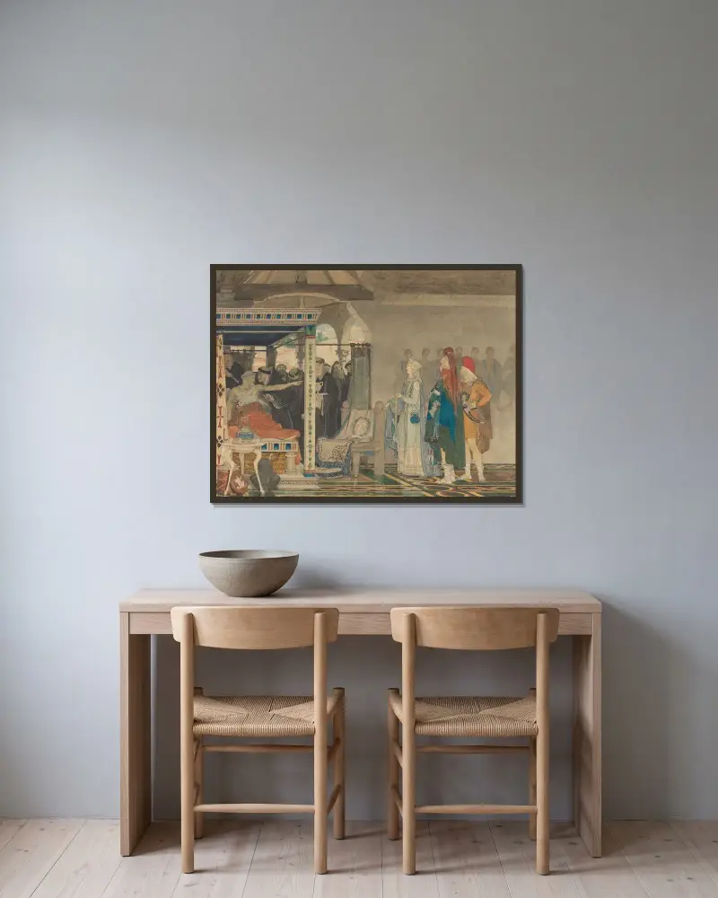 Fredegunda vid Praetextatus dödsbädd av Lawrence Alma-Tadema inramad på en vägg