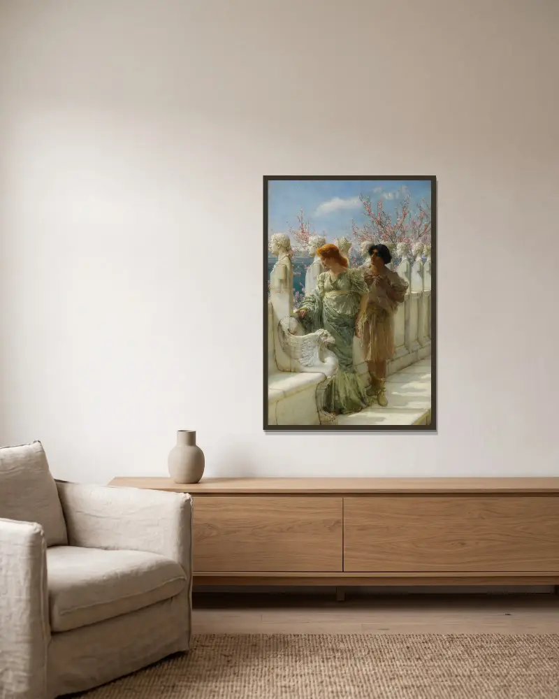 Vergangene und gegenwärtige Generationen von Lawrence Alma-Tadema gerahmt an einer Wand