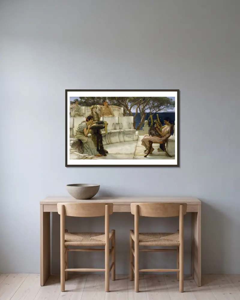 Sappho and Alcaeus av Lawrence Alma-Tadema inramad på en vägg