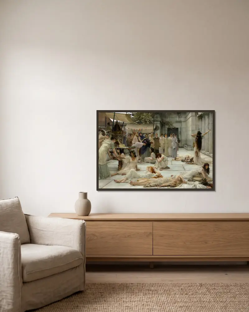 The Women of Amphissa av Lawrence Alma-Tadema inramad på en vägg