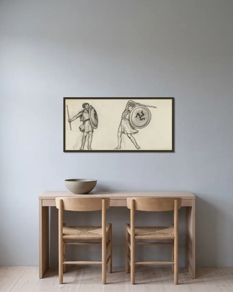 Twee strijdende gymnasiasten av Lawrence Alma-Tadema inramad på en vägg