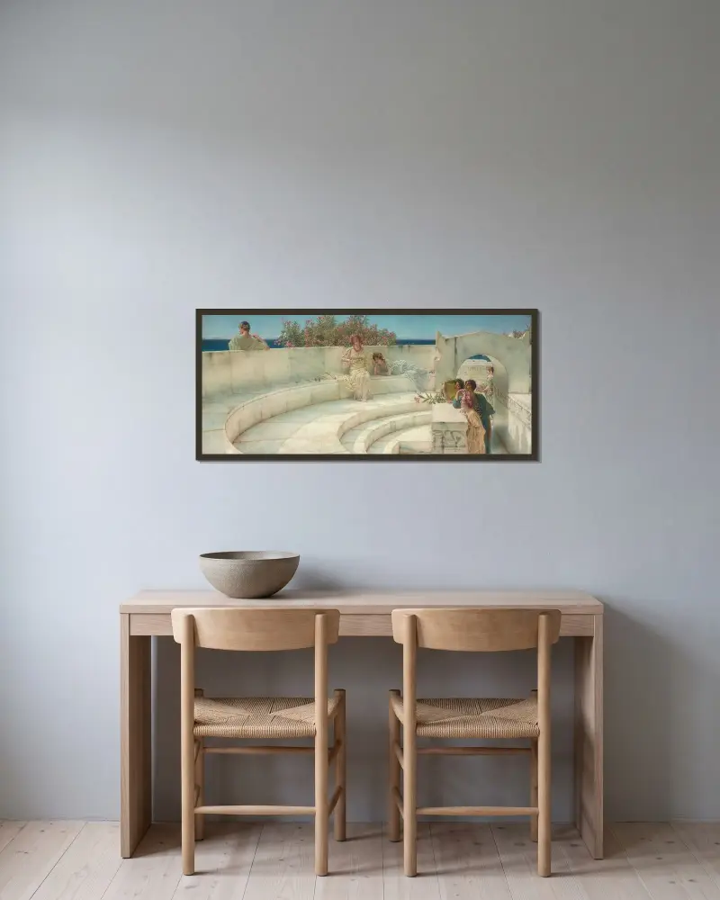 Unter dem Dach blauen ionischen Wetters von Lawrence Alma-Tadema gerahmt an einer Wand