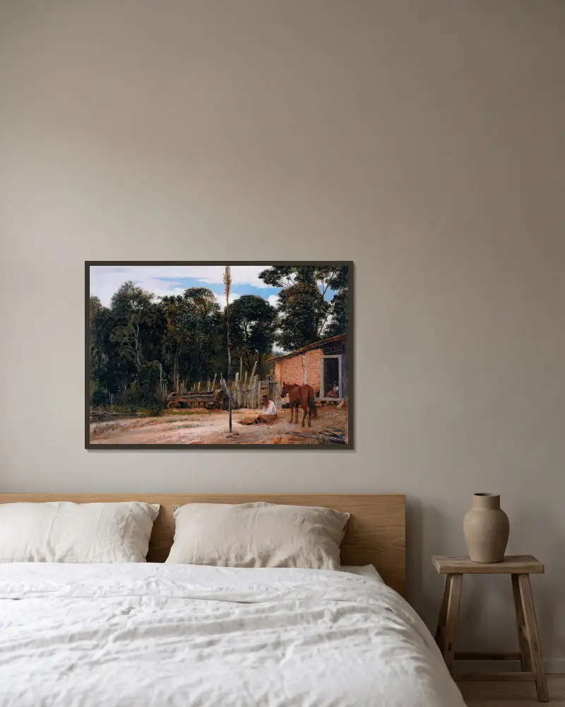Das Satteln des Pferdes von Almeida Júnior gerahmt an einer Wand