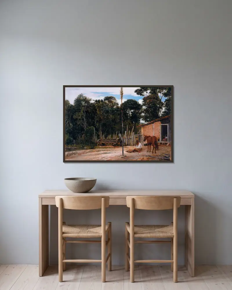 Das Satteln des Pferdes von Almeida Júnior gerahmt an einer Wand